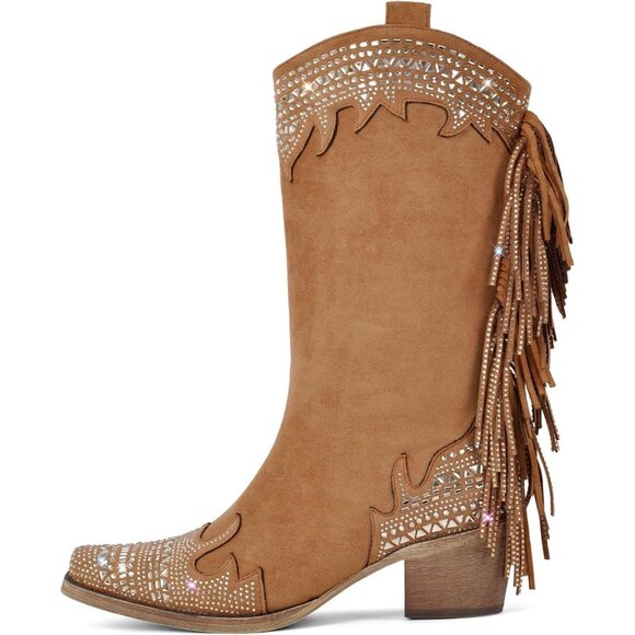 ⚡Women's Brown Square Toe Western Boots Studded Fringed Cowgirl Mid Calf Boot - Picture 1 of 7